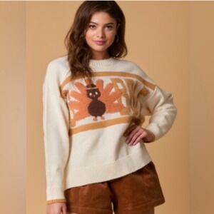 Fantastic Fawn Gobble‎ Turkey Thanksgiving Sweater Cream Large New With Tags